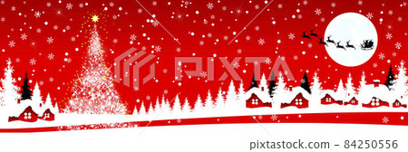 Christmas scene in the village on a red background Christmas scene in the village on a red background 84250556