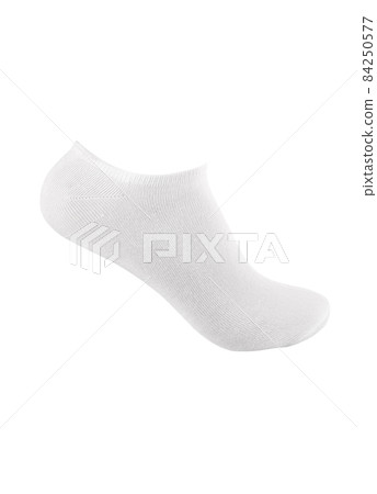 White color short mini socks mockup for design isolated on white background. Set of short socks for sports as mock up and label for advertising, logo, branding. Pair sport cotton socks. 84250577
