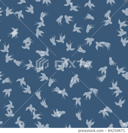 Seamless pattern with white swallow silhouette on blue background. Cute bird in flight. Vector illustration. Doodle style. Design for invitation, poster, card, fabric, textile 84250671