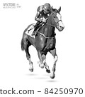 Horse racing jockey. Sport. Champion. Racetrack. Equestrian. Derby. Black and white image. Vector illustration 84250970
