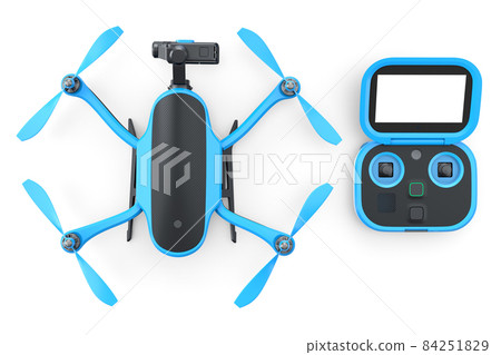 Photo and video drone or quad copter with action camera and remote on white 84251829