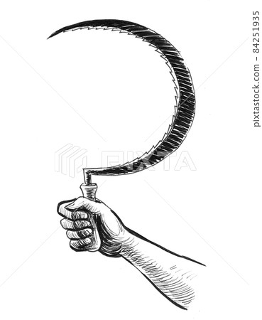 Hand holding a sickle. Ink black and white drawing Hand holding a sickle. Ink black and white drawing 84251935