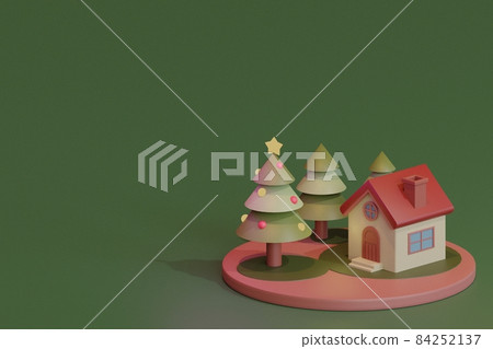 Green background and house and Christmas tree objects Green background and house and Christmas tree objects 84252137