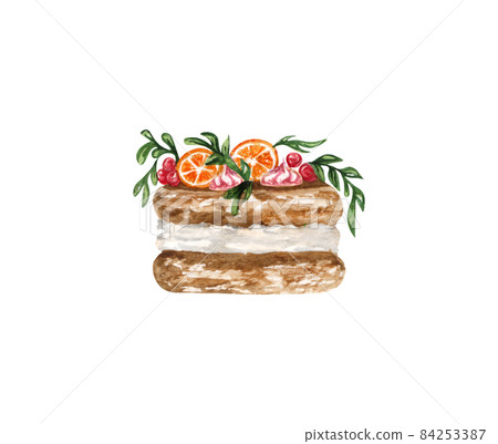 Watercolor wedding cream cake with floral decorations . Birthday delicious cake. Cake clipart Watercolor wedding cream cake with floral decorations . Birthday delicious cake. Cake clipart 84253387