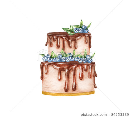 Watercolor layered wedding cream cake with floral decorations . Birthday delicious cake. Cake clipart 84253389