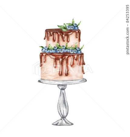 Watercolor layered wedding cream cake with floral decorations on a cake stand. Birthday delicious cake. Cake clipart 84253395