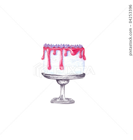 Watercolor wedding cream cake with decorations on a cake stand. Birthday delicious cake. Watercolor wedding cream cake with decorations on a cake stand. Birthday delicious cake. 84253396