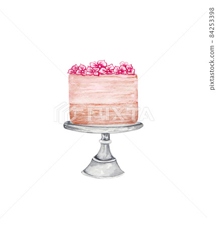Watercolor wedding cream cake with decorations on a cake stand. Birthday delicious cake. Watercolor wedding cream cake with decorations on a cake stand. Birthday delicious cake. 84253398