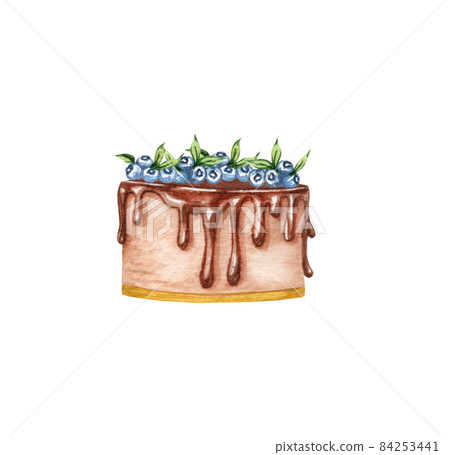 Watercolor wedding cream cake with floral decorations . Birthday delicious cake. Cake clipart Watercolor wedding cream cake with floral decorations . Birthday delicious cake. Cake clipart 84253441