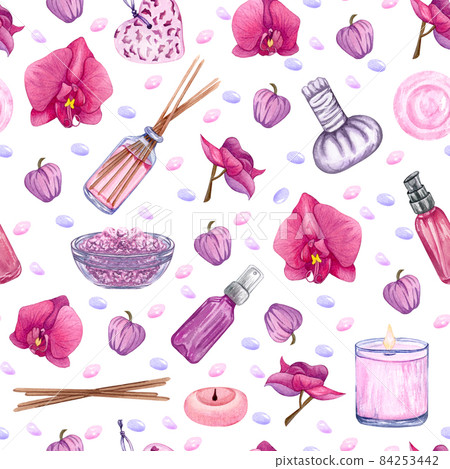 Watercolor seamless pattern on the theme of beauty, spa and cleanliness. Consists of various bath accessories 84253442