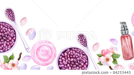 watercolor SPA frame. Bath collection of oil, flower, salt, towel, stones candels aroma stiks watercolor SPA frame. Bath collection of oil, flower, salt, towel, stones candels aroma stiks 84253443