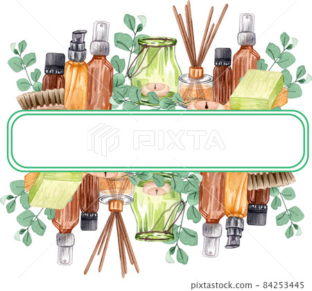 watercolor SPA frame. Bath collection of oil, flower, salt, towel, stones candels aroma stiks 84253445
