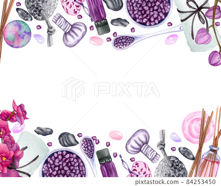 watercolor SPA frame. Bath collection of oil, flower, salt, towel, stones candels aroma stiks watercolor SPA frame. Bath collection of oil, flower, salt, towel, stones candels aroma stiks 84253450