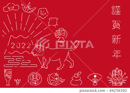2022年新年賀卡新年快樂老虎線描新年快樂背景紅色 84256392