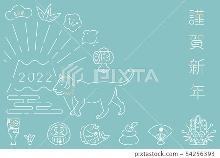 2022年新年賀卡新年快樂老虎線描新年快樂背景藍色 84256393