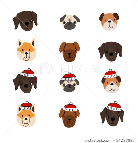 Set of cute animal heads. Dogs faces in Christmas winter hats. Labrador retriever, poodle puppy, bulldog, akita inu, pug. Vector illustration isolated on white background 84257083