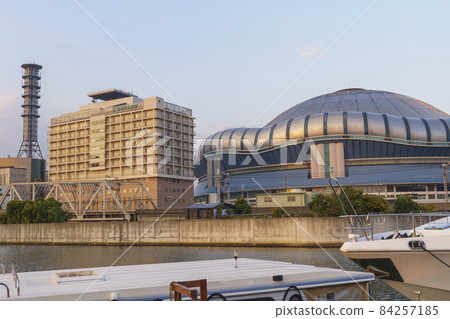 Osaka Dome and Tane General Hospital evening view across the Shirinashi River 84257185