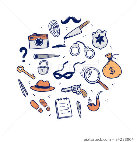 Detective doodle set. Hand drawn sketch 84258004