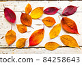 Autumn, fall foliage and shabby chic vintage antique white table 84258643
