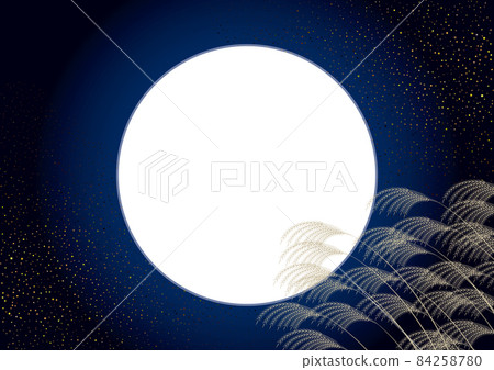 Japanese pampas grass and full moon. Japanese autumn landscape vector illustration background 84258780