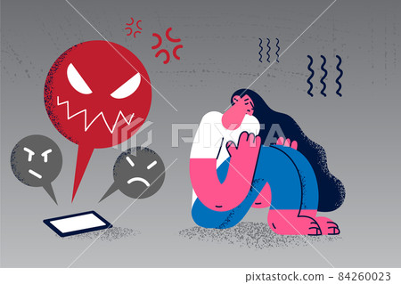 Unhappy woman stressed with cyberbullying on phone 84260023