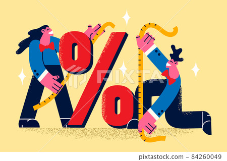 Smiling sale advisors measure discounts with tapes  84260049