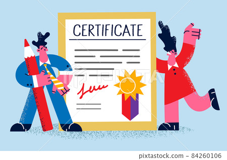 Happy people stand near certificate with seal stamp  84260106