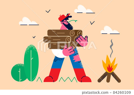 Smiling lumberman hold wood pile for fire setting 84260109
