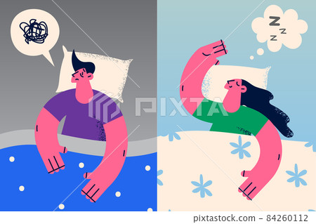 Man and woman in bed have good and bad sleep  84260112