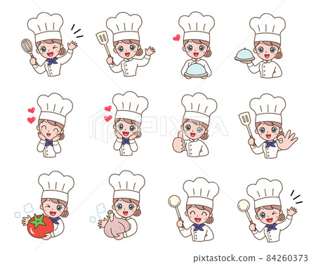 女廚師拿著不同的烹飪工具和各種動作 女廚師拿著不同的烹飪工具和各種動作 84260373