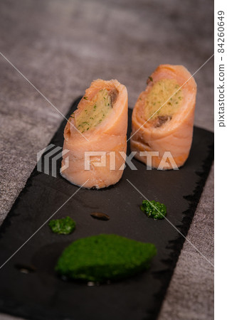 Salmon and smoked salmon ballotine recipe, watercress mash Salmon and smoked salmon ballotine recipe, watercress mash 84260649
