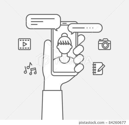 Female line drawing icon for video call with hand holding smartphone 84260677