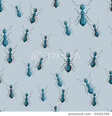 Seamless pattern colony ants on blue background. Vector insects template in flat style for any purpose. Modern animals texture. 84262309