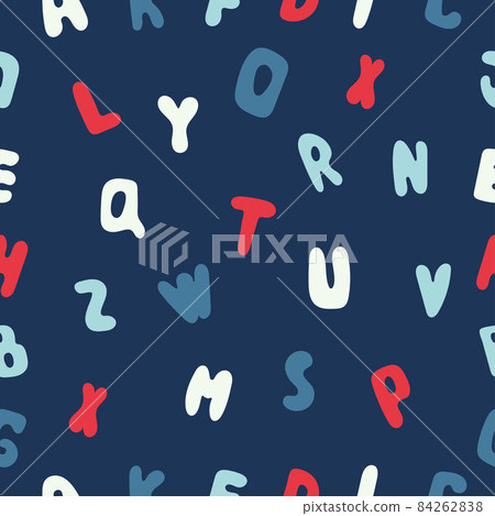 School red and blue letters seamless pattern on dark blue background. Typography alphabet. Vector illustration 84262838