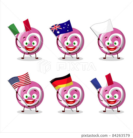Pink sweet candy cartoon character bring the flags of various countries Pink sweet candy cartoon character bring the flags of various countries 84263579