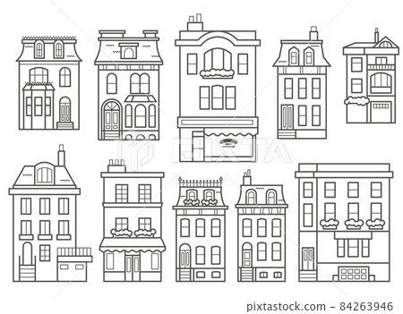 European buildings skyline. Linear cityscape with various row houses. Outline illustration with old Dutch buildings 84263946