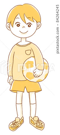 The whole body of a boy standing with a soccer ball 84264245