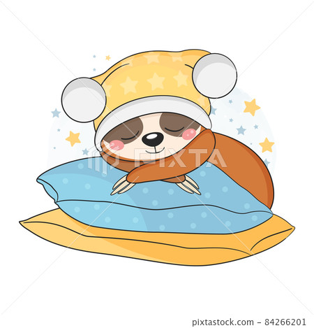 Cute baby sloth sleeping on the pillows. Cute baby sloth sleeping on the pillows. 84266201