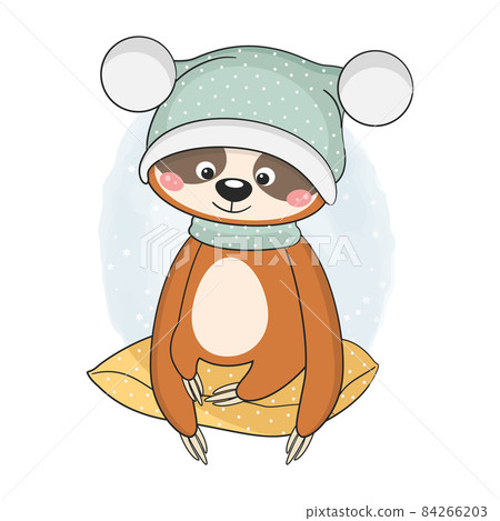 Cute baby sloth sitting on pillow. Cute baby sloth sitting on pillow. 84266203