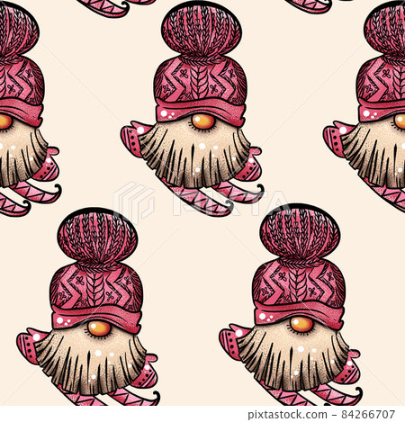 Seamless pattern illustration of a gnome with a beard in a hat. New year and christmas symbol on a 84266707