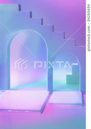 empty scene with square podiums on holographic neon background empty scene with square podiums on holographic neon background 84268484