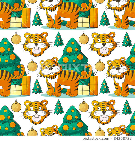 Seamless vector pattern for year of the tiger 2022. Pattern in hand draw style. Tiger, Christmas tree, gifts Seamless vector pattern for year of the tiger 2022. Pattern in hand draw style. Tiger, Christmas tree, gifts 84268722