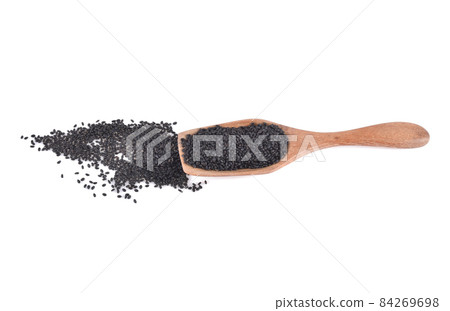 Basil seeds or Hairy, Sabja in wooden spoon isolated on white background. Basil seeds or Hairy, Sabja in wooden spoon isolated on white background. 84269698