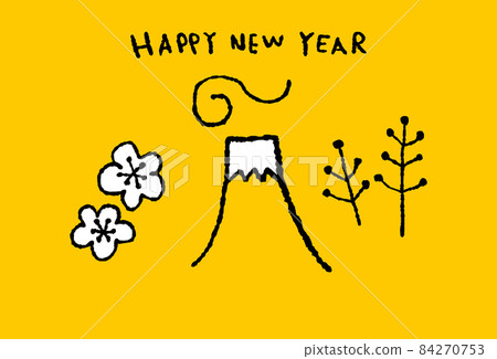 富士山，鮮花和新年快樂_黃色背景_side 84270753