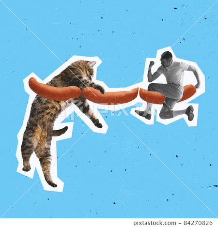 Contemporary art collage, modern design. Retro style. Minimalism. Huge domestic cat and tiny man fighting for sausages. Surrealism Contemporary art collage, modern design. Retro style. Minimalism. Huge domestic cat and tiny man fighting for sausages. Surrealism 84270826