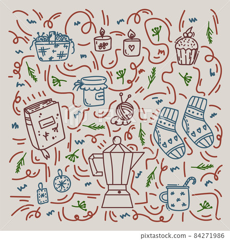 The Scandinavian homeyness pattern. A poster with autumn and winter cozy elements. Postcard of holiday backgrounds of hugge. Scandinavian Danish style. The Scandinavian homeyness pattern. A poster with autumn and winter cozy elements. Postcard of holiday backgrounds of hugge. Scandinavian Danish style. 84271986