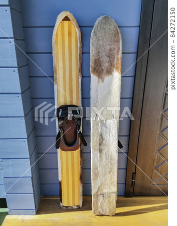 Siberian hunting wide skis lined with fur for moving through deep snow in the taiga. 84272150