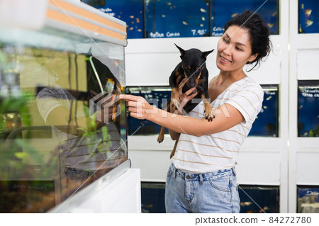 Woman with dog looking at aquarium in pet shop Woman with dog looking at aquarium in pet shop 84272780