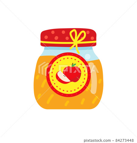Label with apples on a jar of confiture. closeup Glass jar with apple jam. 84273448