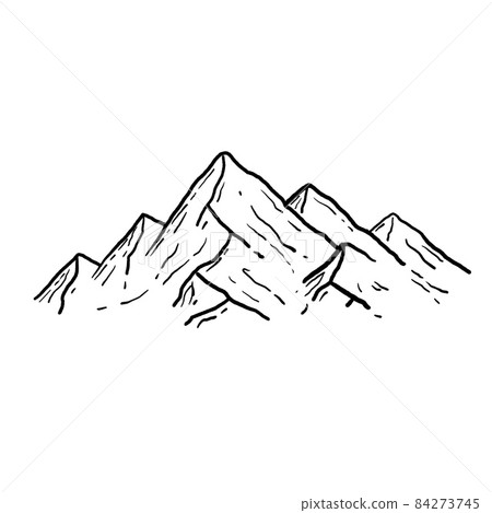 Mountains in engraving style. Nature landscape of highlands. Hand drawn design. Rocky ridge. 84273745